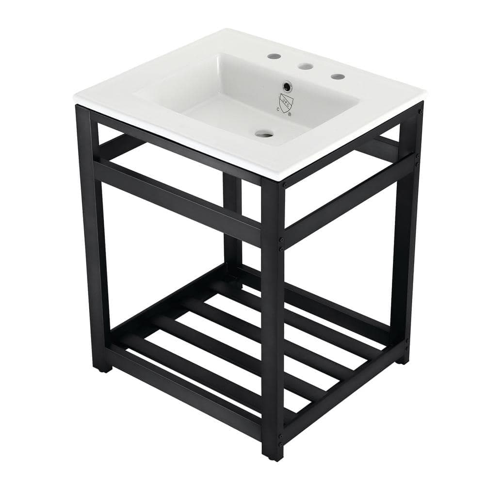 Kingston Brass 25 in. Ceramic Console Sink (8 in. in 3-Hole) with Stainless Steel Base in Matte Black (1)