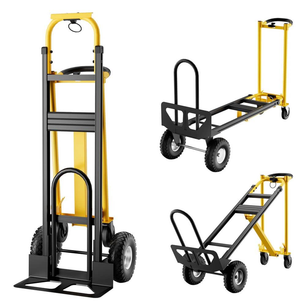 Garvee 3 in 1 800 lb. Yellow and Black Folding D-Handle Heavy Duty Convertible Hand Truck with Wheels, Elastic Straps (3)