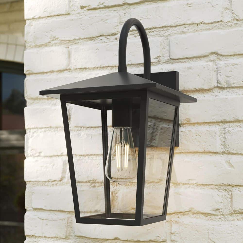Hampton Bay Rosebrook 16 in. 1-Light Black Outdoor Hardwired Wall Lantern Sconce with Clear Glass Shade (2)