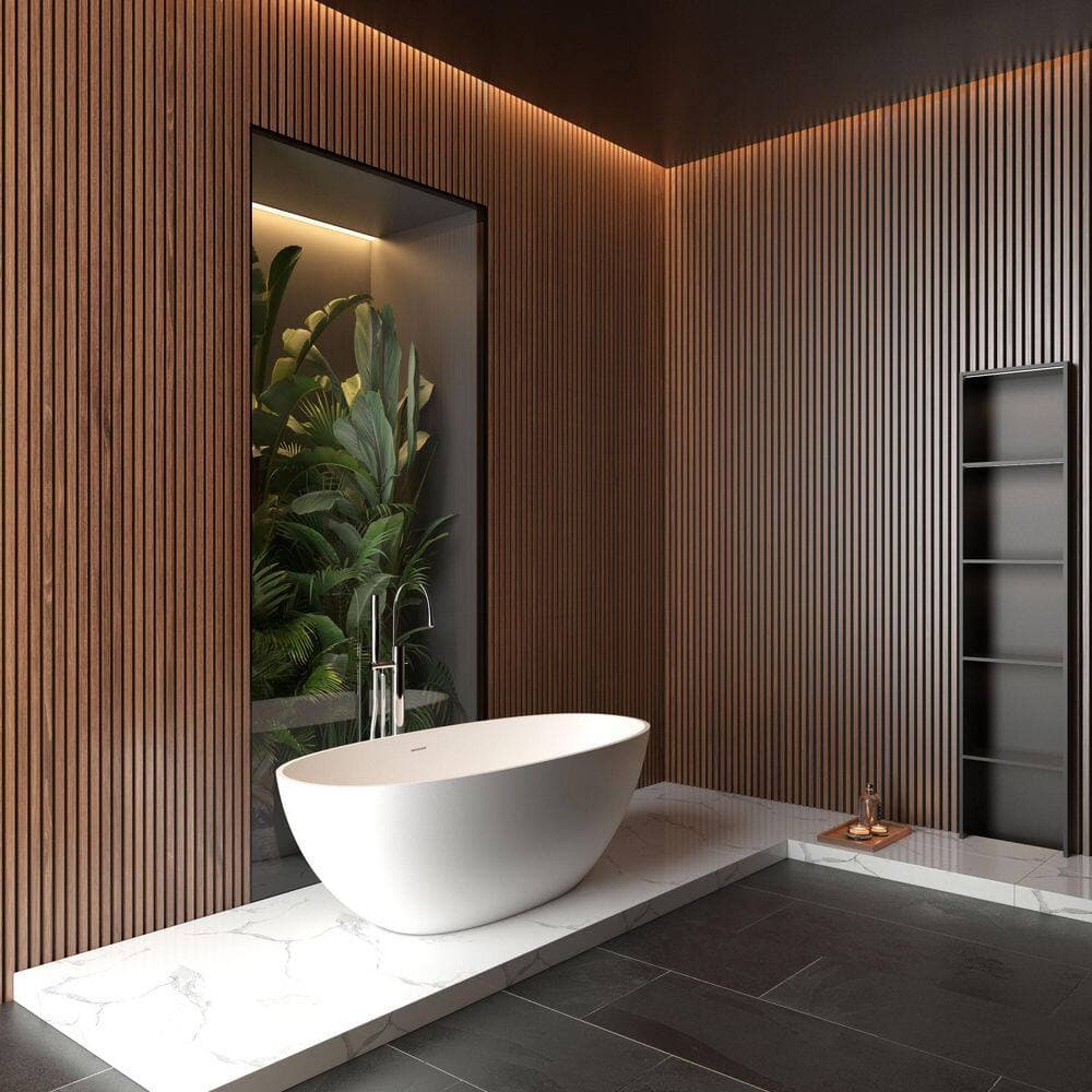 LIVACA 64.96 in. x 29.53 in. Flat Bottom Handcrafted Stone Resin Freestanding Soaking Bathtub with Center Drain in Matte White (3)