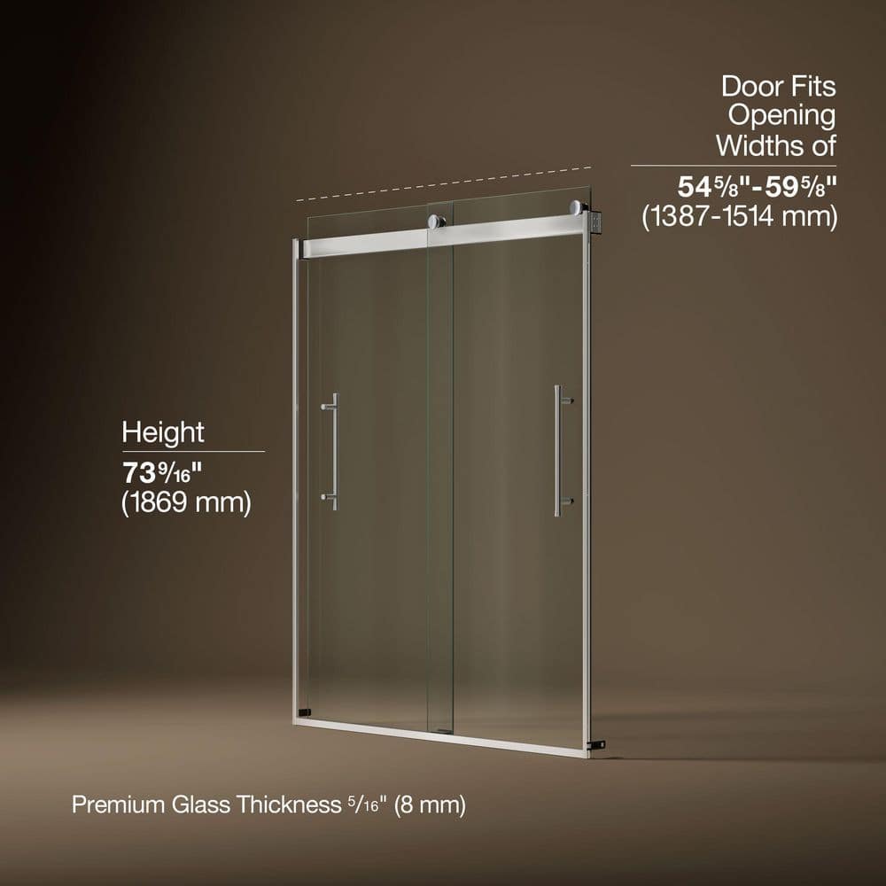 KOHLER Elmbrook 55-60 in. W x 74 in. H Sliding Frameless Shower Door in Bright Polished Silver with 5/16 in. Thick Clear Glass (4)