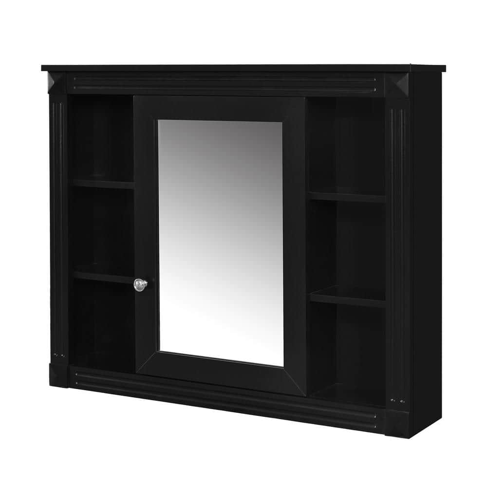 cadeninc 35 in. W x 7.1 in. D x 28.7 in. H  Wall Mounted Bathroom Storage Cabinet in Black with Mirror and  6 Open Shelves (3)