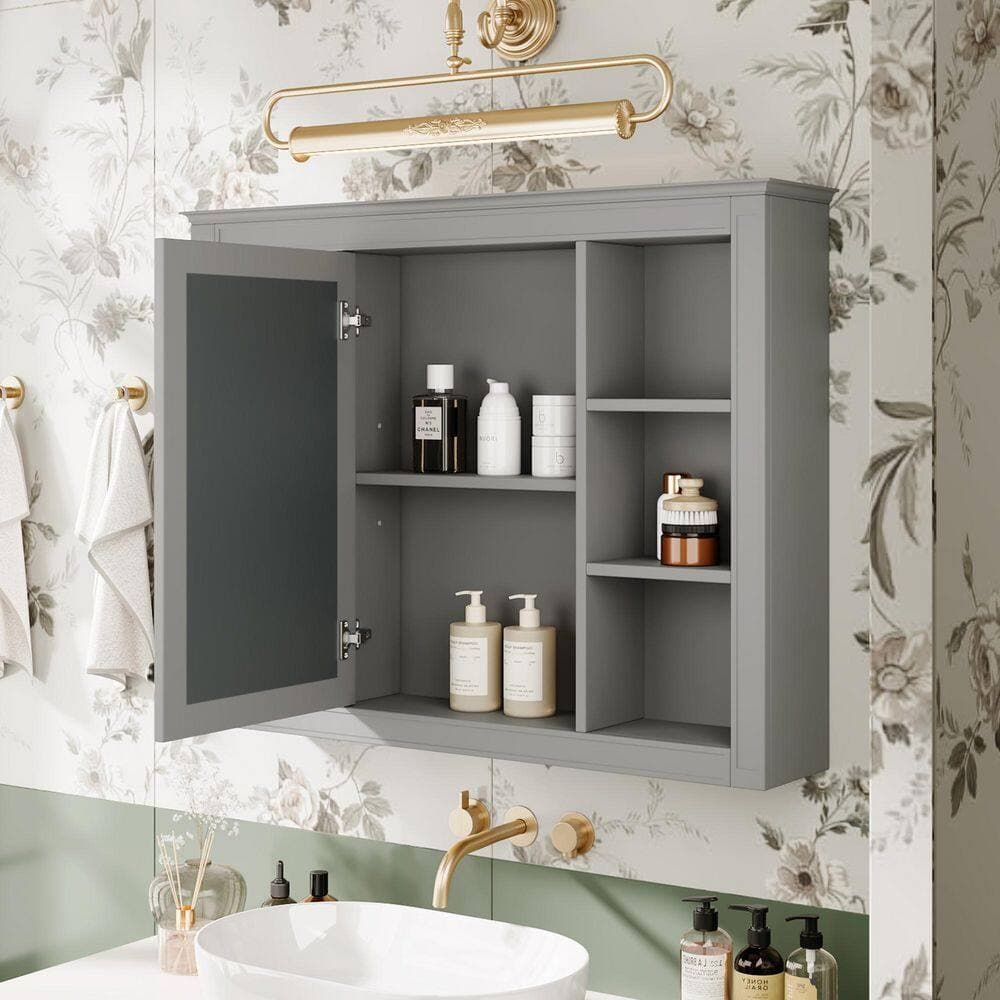 Siavonce 7 in. W x 35 in. D x 27 in. H Wall Mounted Bathroom Linen Cabinet with 6 Open Shelves and Mirrored Doors, Gray (2)