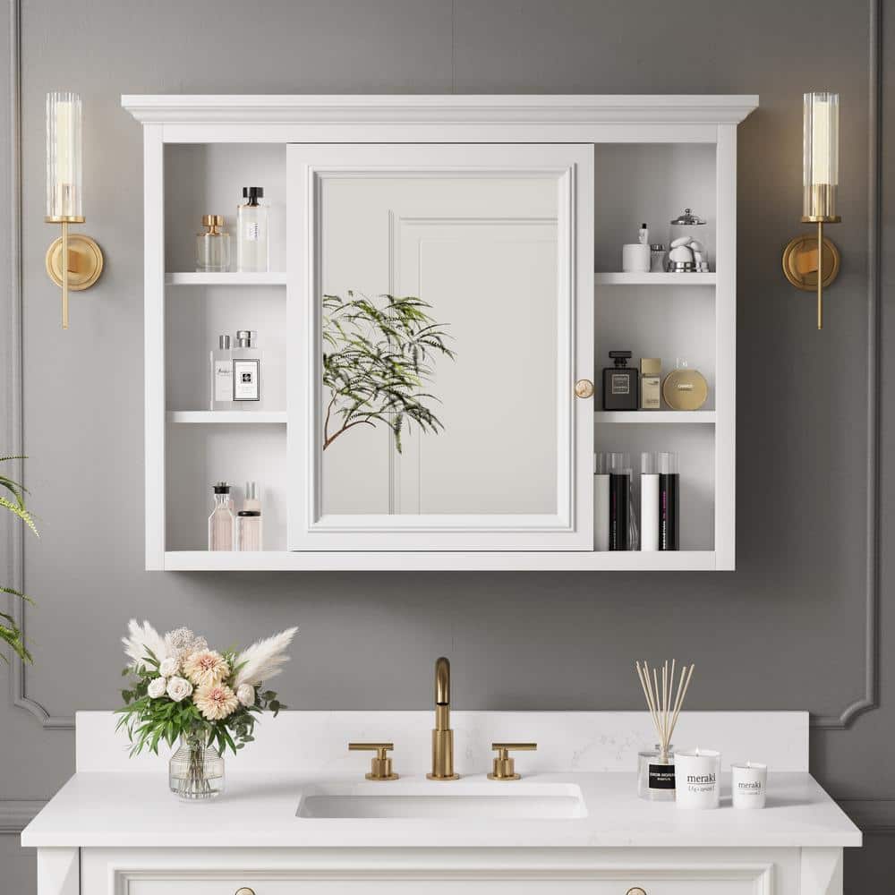 ANGELES HOME 40 in. W x 30 in. H Rectangular Solid Wood Wall Mount Medicine Cabinet with Mirror,Left Soft-Closed Door,White,Easy Hang