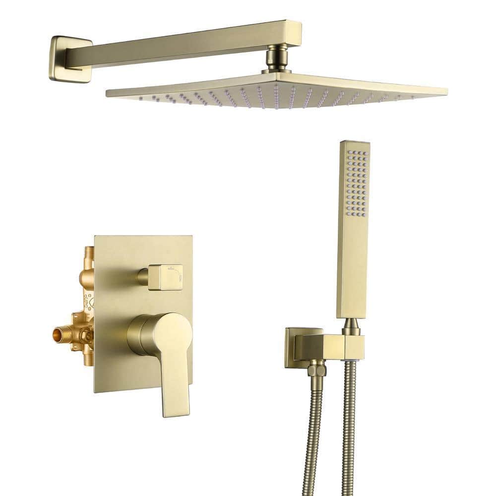 FLG Single-Handle 1-Spray Square Shower Faucet with Hand Shower and 10 in. Shower Head in Brushed Gold (Valve Included) (1)
