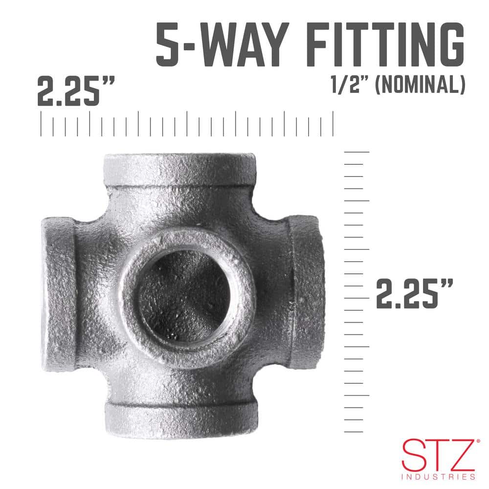 STZ 1/2 in. 5-Way Black Iron Cross with Side Outlet Industrial Steel Grey (3)