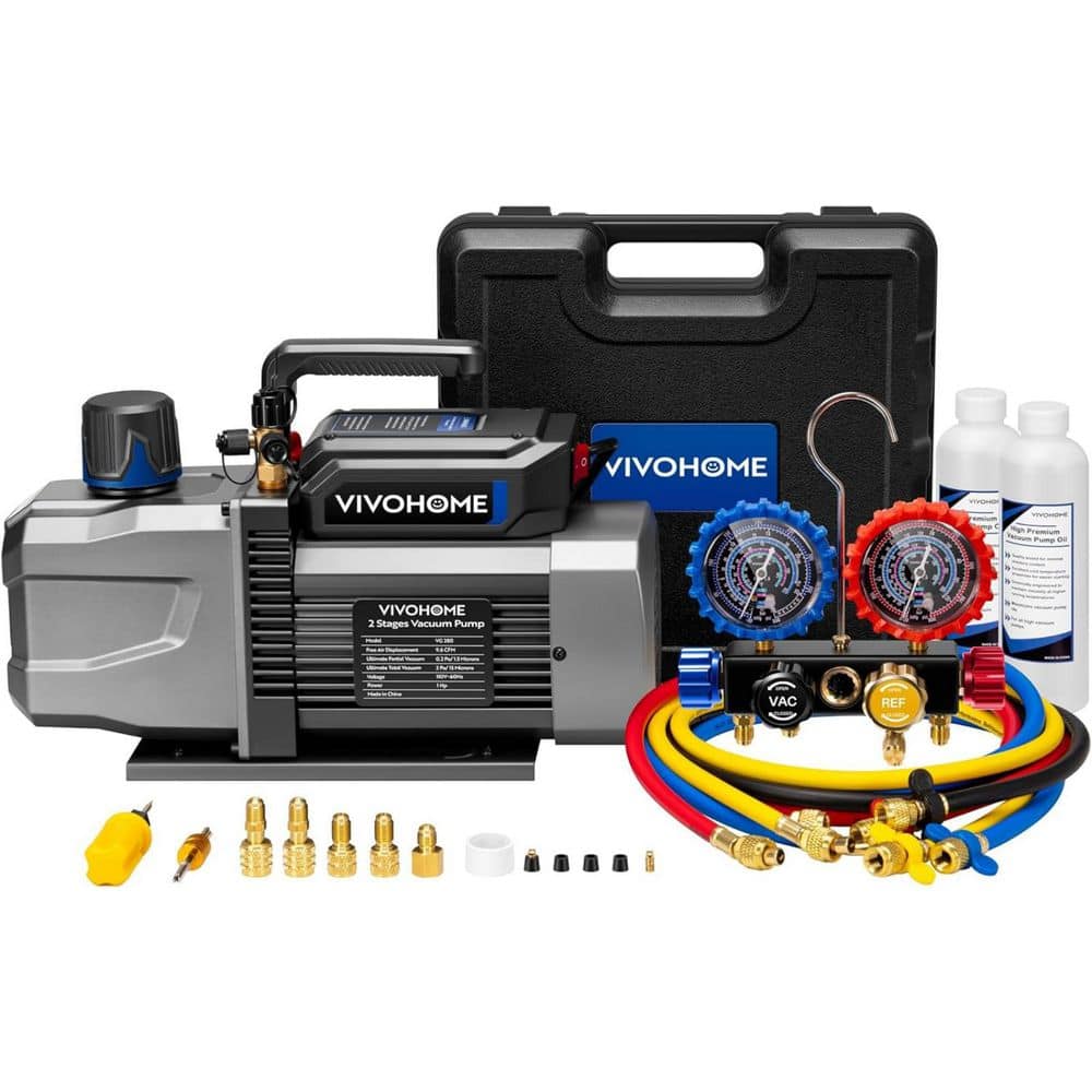 VIVOHOME 1 HP 9.6 CFM 2-Stage A2L HVAC Vacuum Pump and 4-Way Manifold Gauge Set with Sparkless Motor (1)