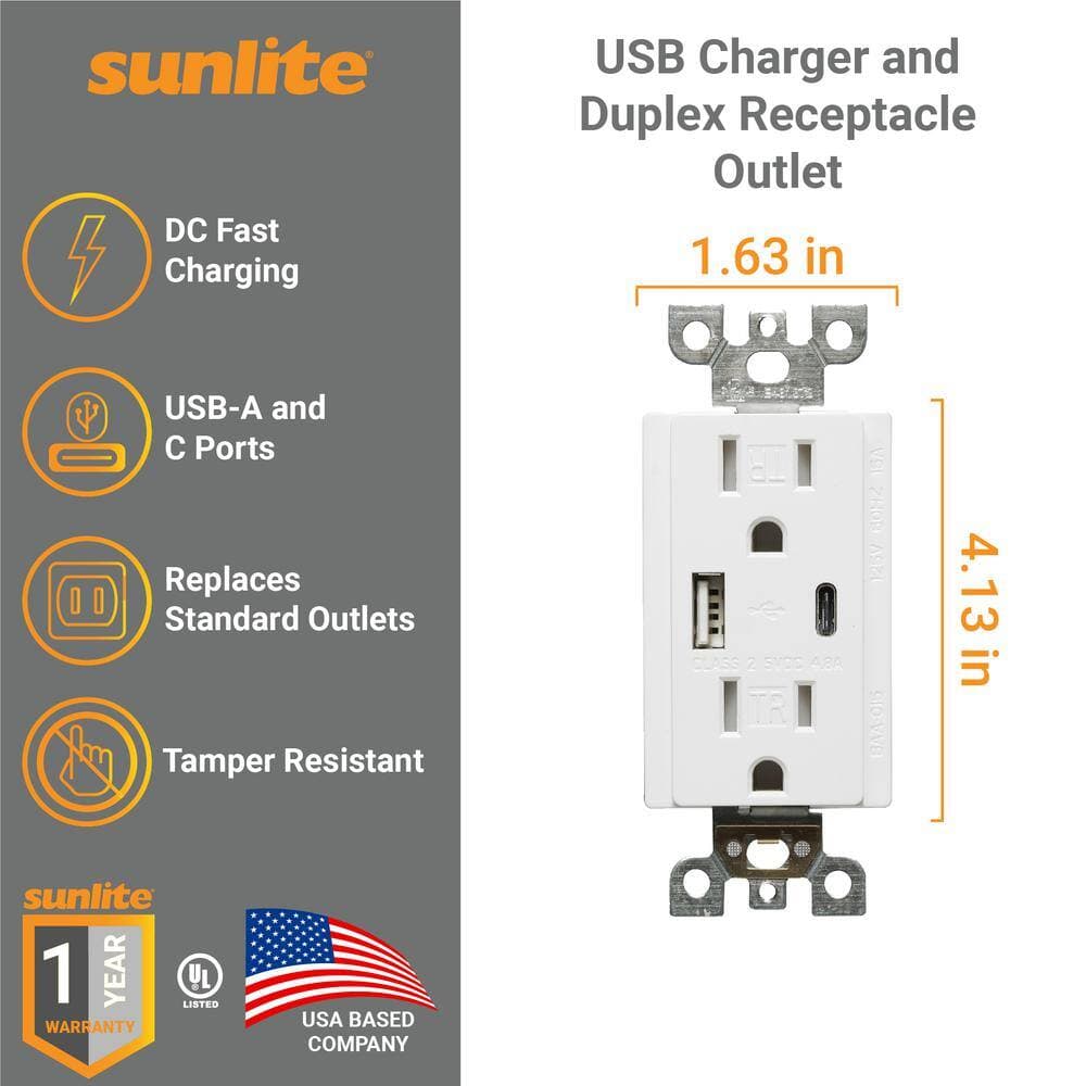Sunlite White 15 Amp Tamper Resistant Duplex Outlet with USB-A and USB-C Charger (5-Pack) (3)