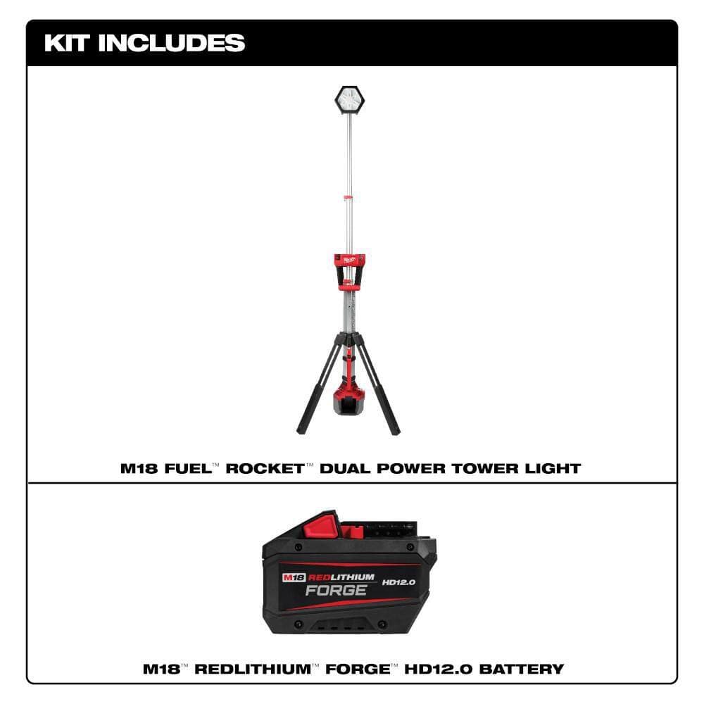 Milwaukee M18 18-Volt Lithium-Ion Cordless Rocket Dual Power Tower Light w/ FORGE 12.0 Ah Battery (2)