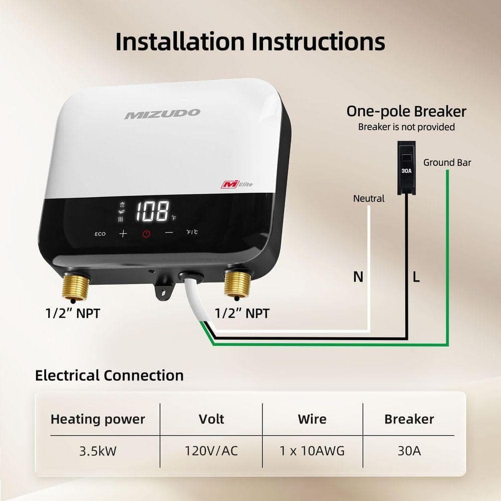 MIZUDO Elite 3.5 kW 0.68 GPM 120-Volt Point of Use Tankless Electric Instant Hot Water Heater, White (2)
