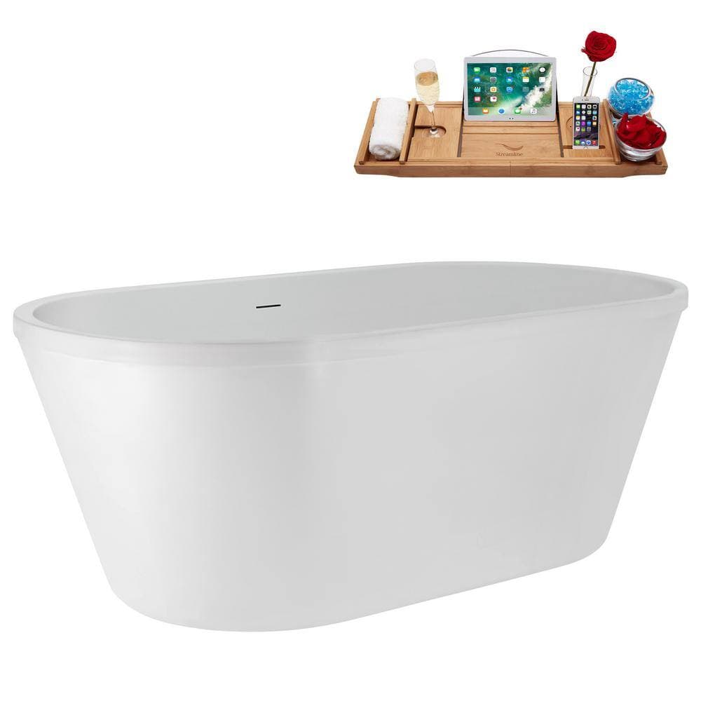 Streamline 60 in. x 30 in.Acrylic Freestanding Soaking Bathtub in Glossy White with Matte Black Drain, Bamboo Tray (3)