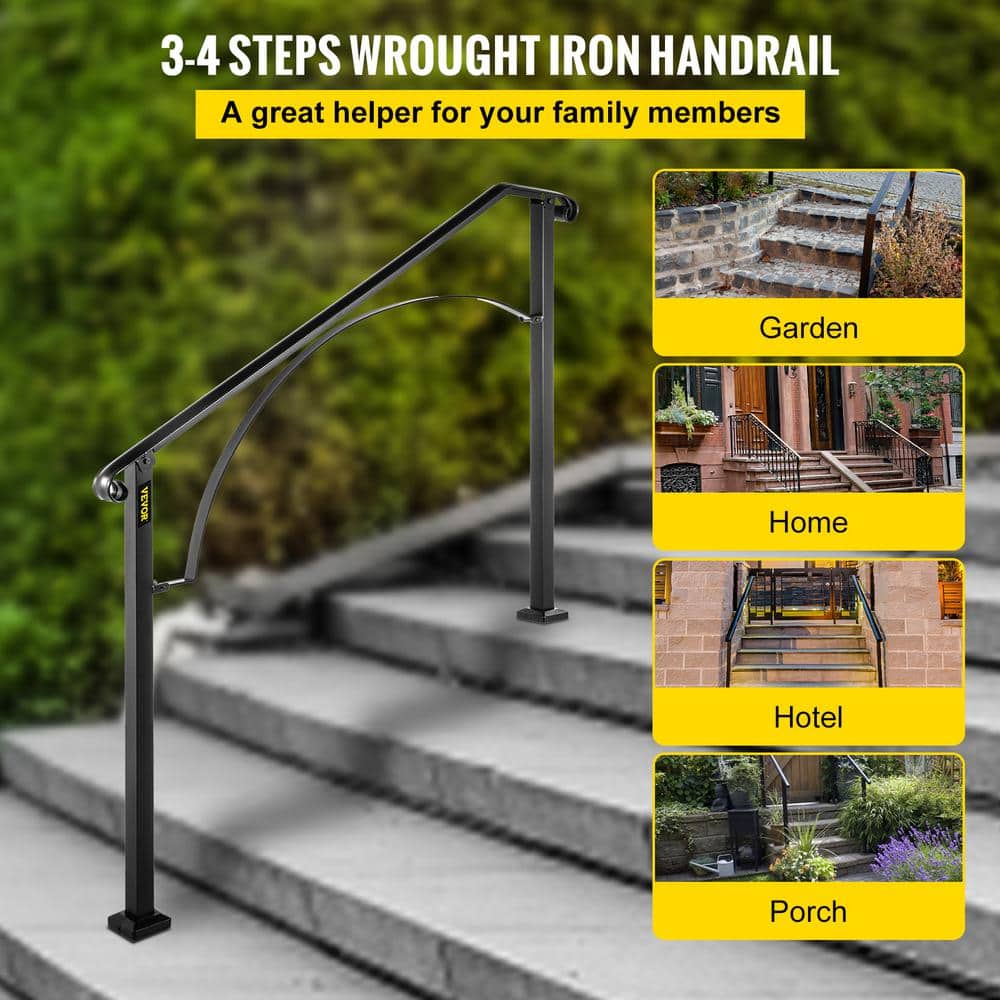 VEVOR 3 ft. Wrought Iron Handrail Fit 3 or 4 Steps Handrails for Outdoor Steps Flexible Porch Railing, Black (3)
