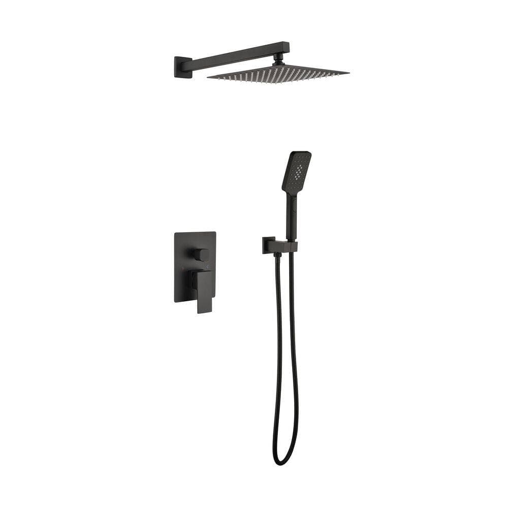 BEARSOLIM Brass Matte Black Faucet 1 Jet Shower System 10 in. Rainfall Shower Head with Rough-in Valve Included in Black (1)