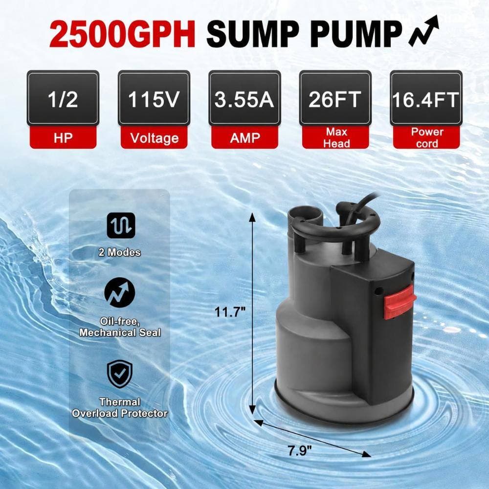 Unbranded 1/2 HP 2500 GPH Submersible Sump Pump with Auto and Manual Operation, 26 ft Lift, Check Valve Adapter (3)