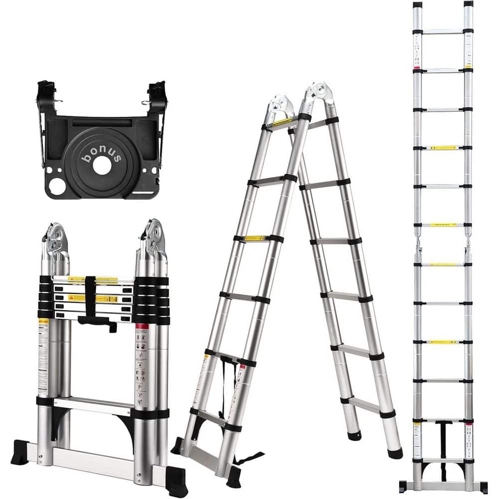 Unbranded 12.5 ft. Aluminum Telescoping Ladder with Stabilizer Bar, 330 lb. Capacity