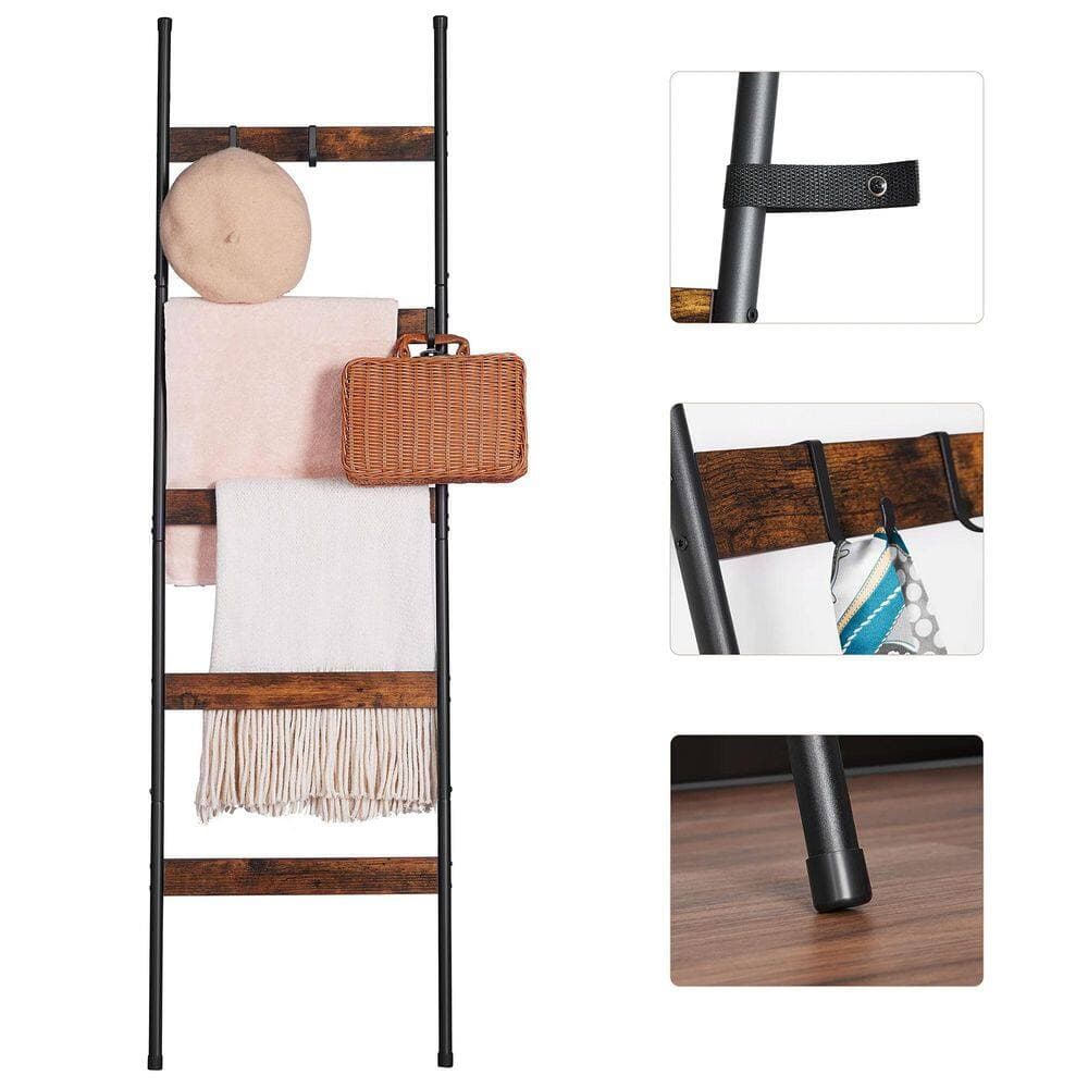 Anqtovp Towel Rack 5-Tier Blanket Ladder in Rustic Brown Finish Farmhouse Bath Accessory Type with 4 Removable Hooks (2)