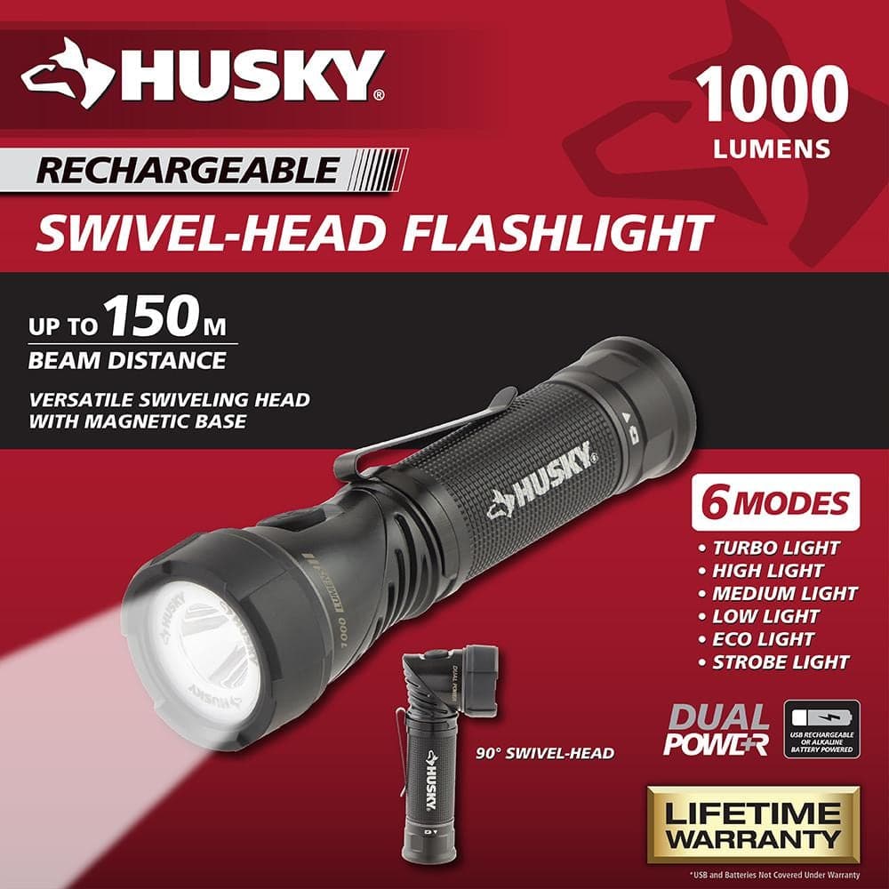 Husky 1000-Lumens Dual Power LED Swivel-Head Rechargeable Tactical Multi-Purpose Handheld Flashlight (3)