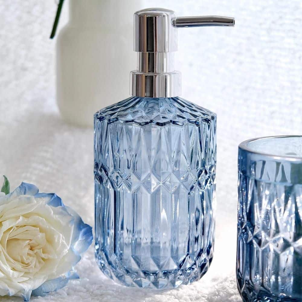 Wudkey Elegant 5-Piece Bath Accessory Set with Soap Dispenser and Jars, Smooth Glass Surface, Effortless to Clean, in Blue (2)