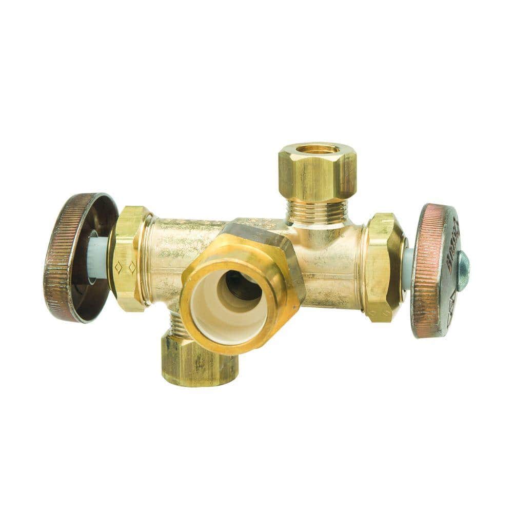 BrassCraft 1/2 in. Nom CPVC Inlet x 3/8 in. O.D. Comp x 3/8 in. O.D. Comp Dual Outlet Dual Shut-Off Multi-Turn Angle Valve