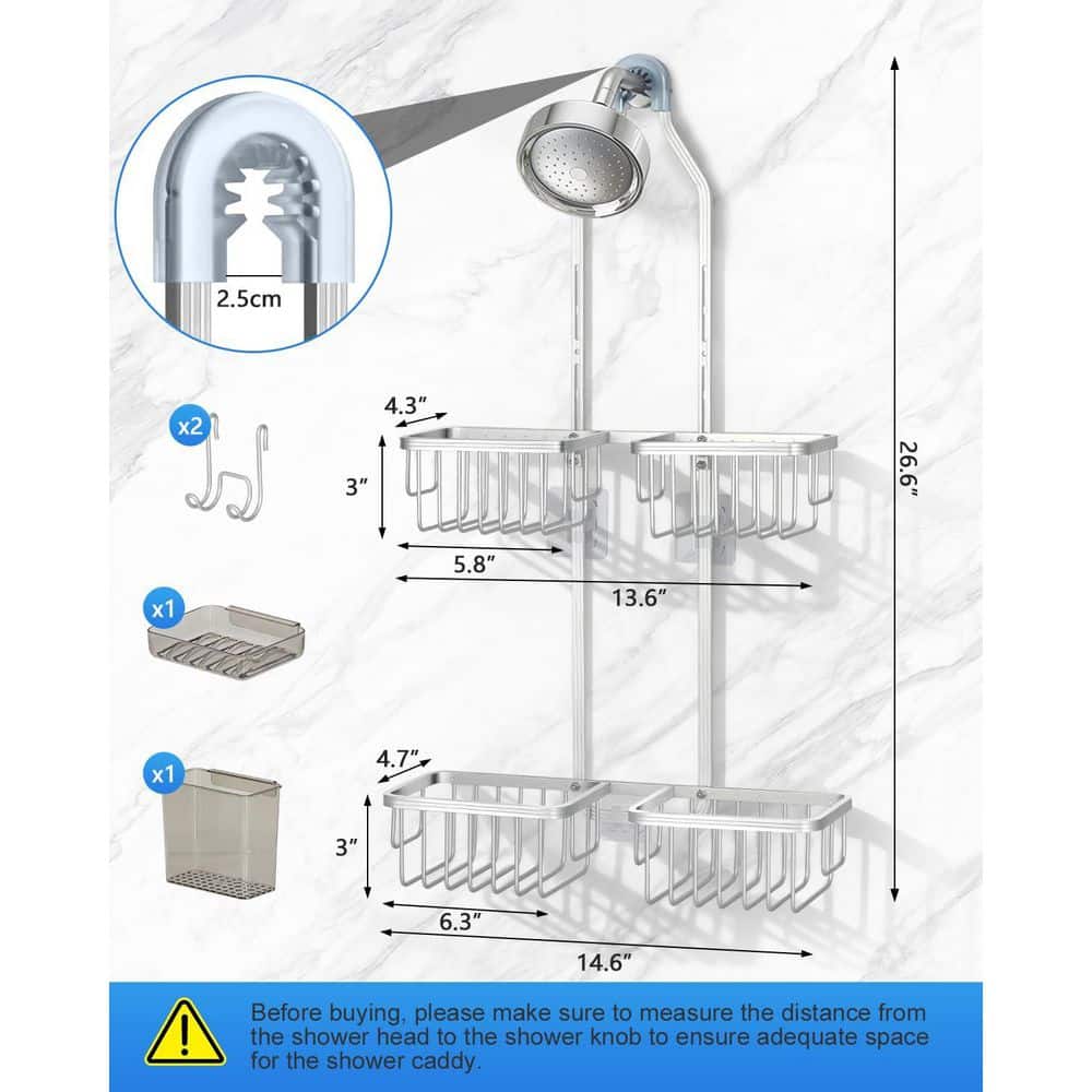 Anqtovp Hanging Adjustable Height Over Showerhead Organizer with Rustproof Aluminum, Soap Basket, Hooks in Silver (3)