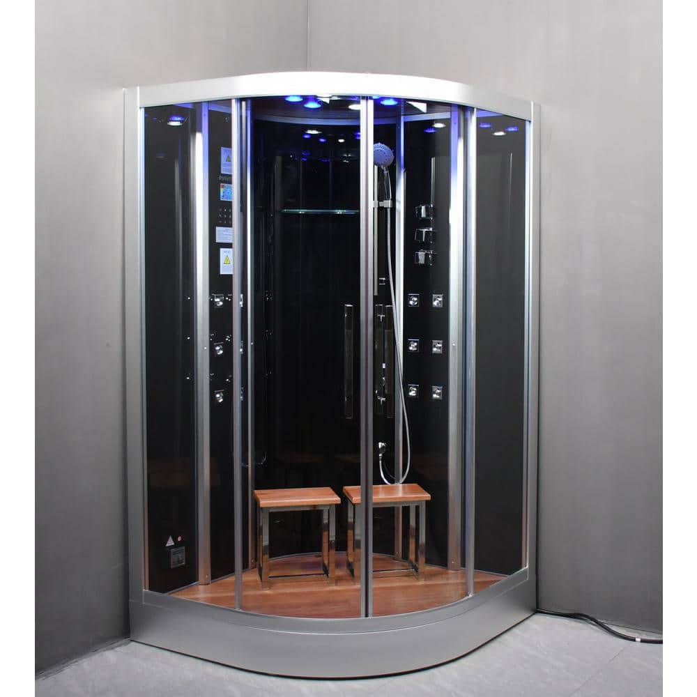 Unbranded Platinum 47 in.x 47 in.x 90 in. Corner Steam Shower in Black with Bluetooth, Sliding Doors and 6 kW Steam Generator