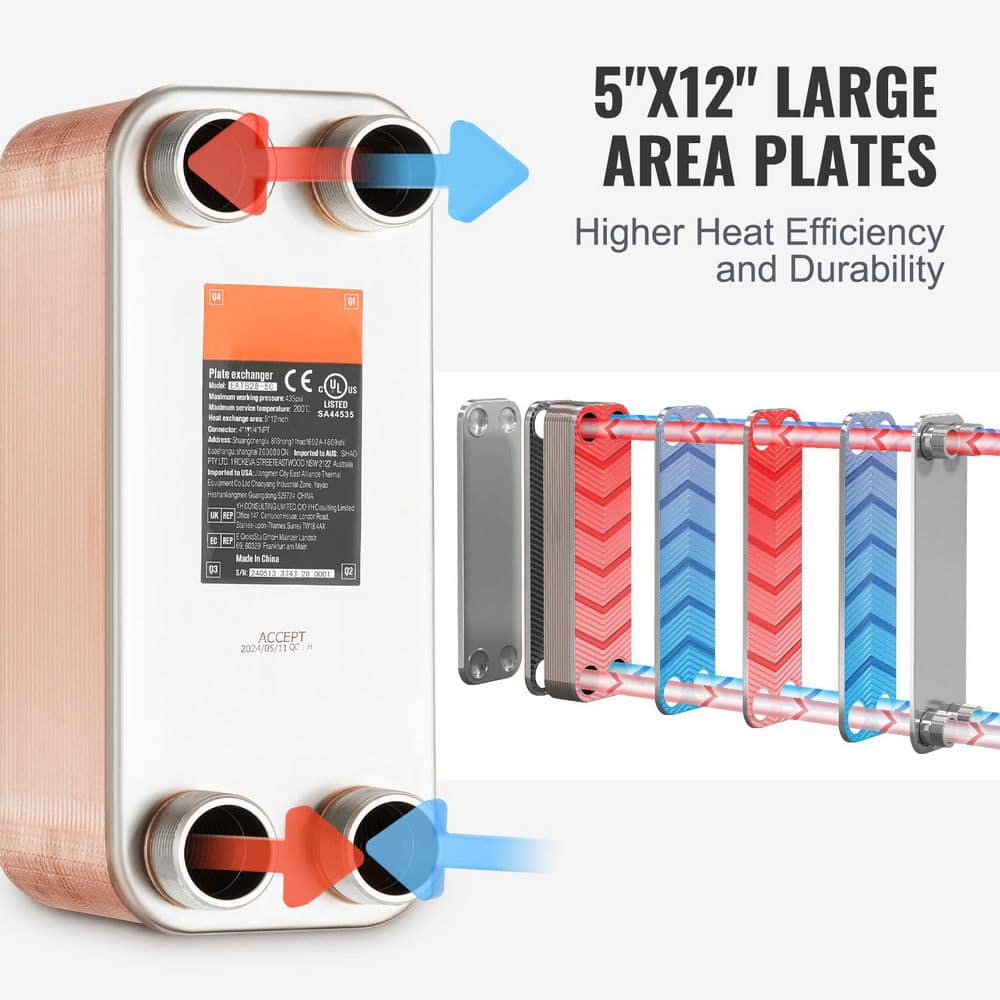 SKYSHALO Heat Exchanger, 5 x 12 in. 50-Plates Brazed Plate Heat Exchanger, 316 L Stainless Steel Water To Water Heat Exchanger (2)