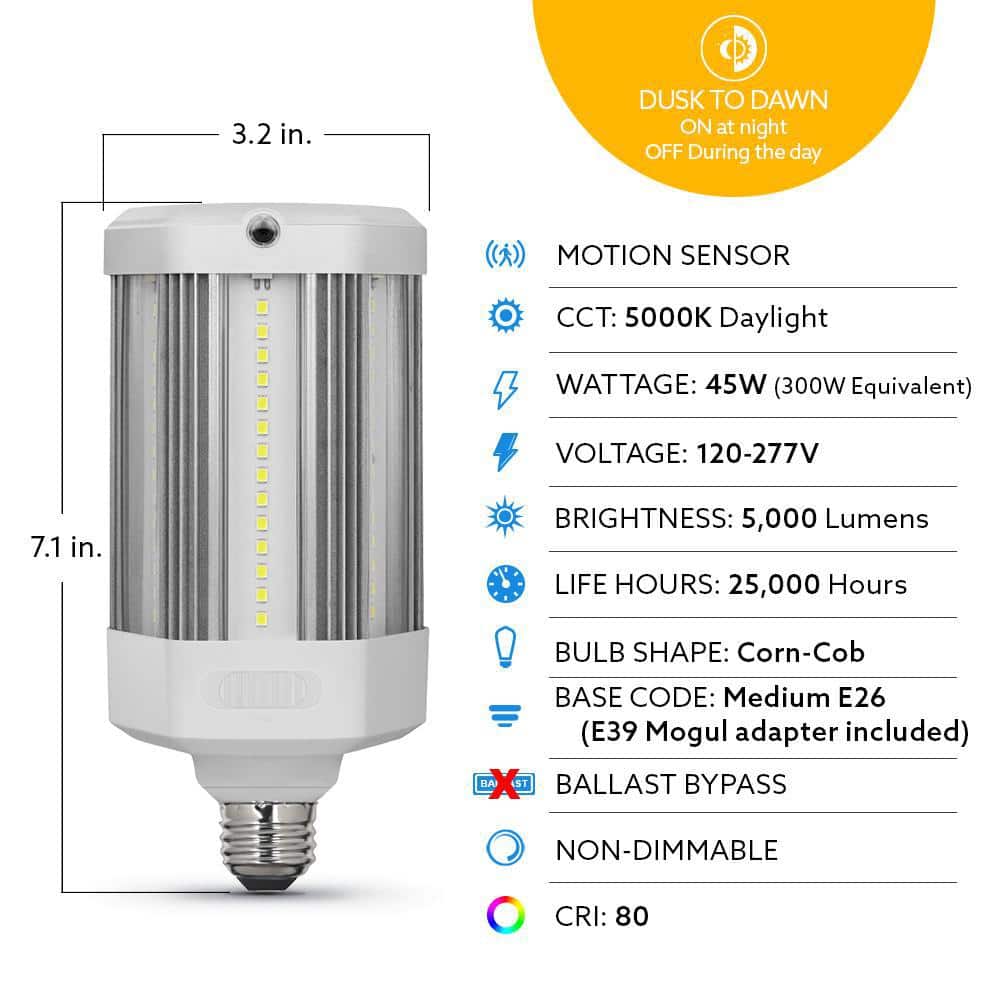 Feit Electric 300W Equivalent Corn Cob E26/E39 Motion & Dusk To Dawn High Lumen HID Utility LED Light Bulb Daylight 5000K (1-Pack) (4)