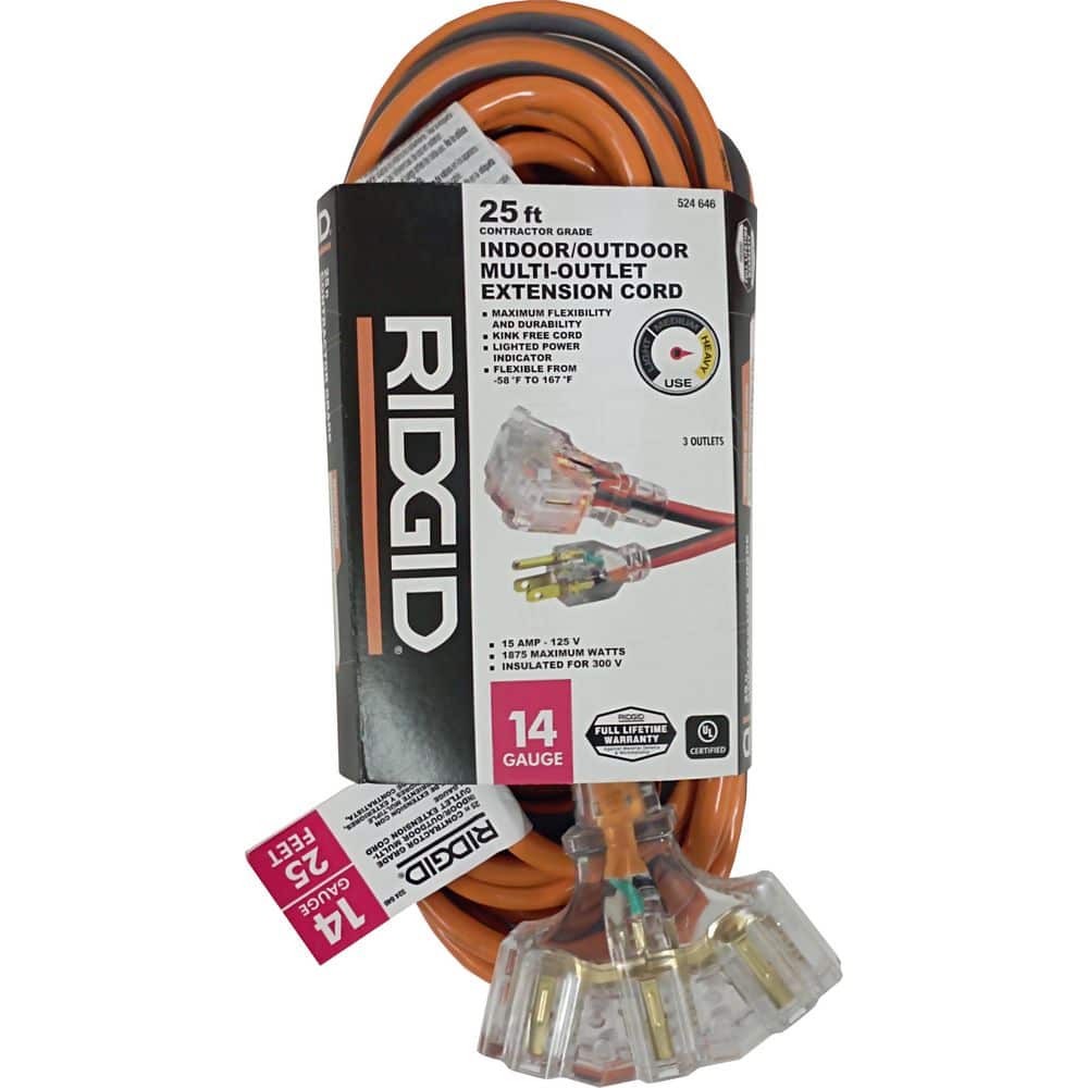 RIDGID 25 ft. 14/3 Multi-Outlet Extension Cord, Orange and Gray (2)