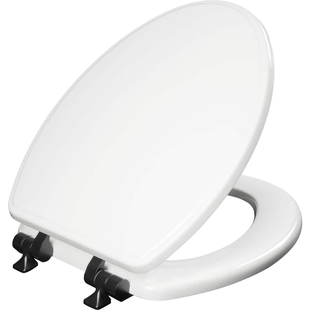 BEMIS Weston Elongated Soft-Close Never-Loosens Matte-Black-Hinge Enameled Wood Toilet Seat in White