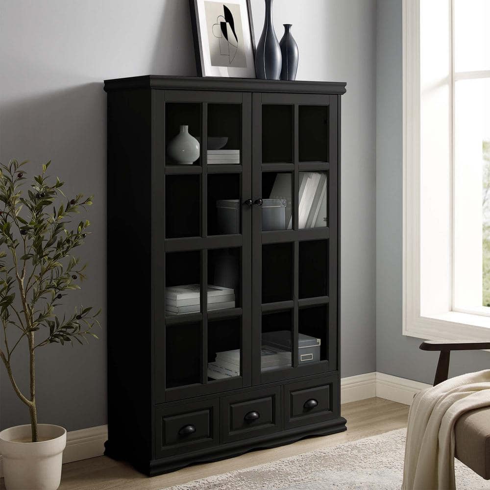 Unbranded 40.16 in. W x 14 in. D x 60 in. H Black Linen Cabinet with Tempered Glass Doors Curio Cabinet and Triple Drawers (3)