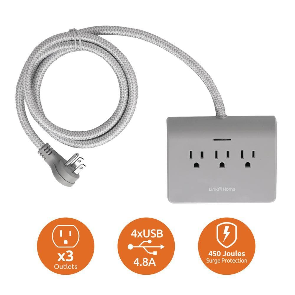Link2Home 3-Outlet 4-USB Power Dock Surge Protector with 5 ft. Textile Cord and Grounded Plug in Gray (2)