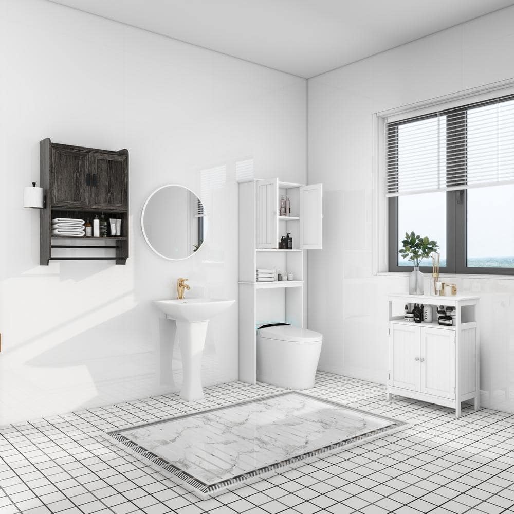 Adrinfly 7.48 in. W x 21.65 in. D x 32.48 in. H Bathroom Storage Wall Cabinet in Gray w/Doors, Shelf, Towel Bar and Paper Holder (3)
