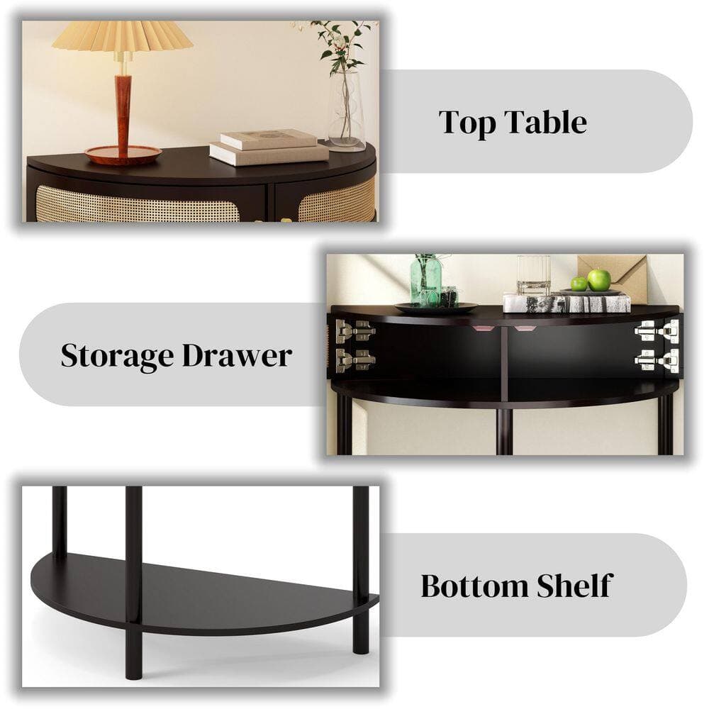 Unbranded 31.88 in. W 32.30 in. H x 15.75 in. D Wood Half Round Shelf in Black with 2 Rattan Storage Cabinet and Bottom Shelf (2)
