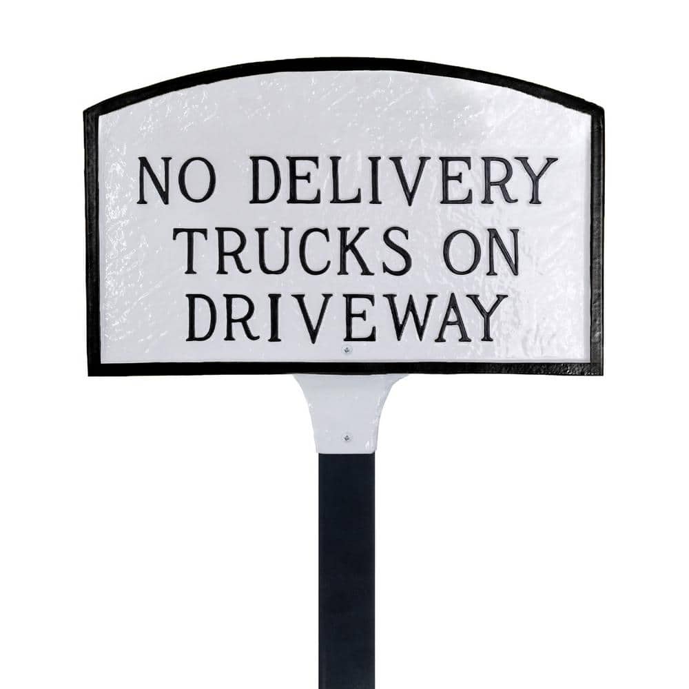 Montague Metal Products No Delivery Trucks on Driveway Small Arch Statement Plaque with Lawn Stake-White/Black