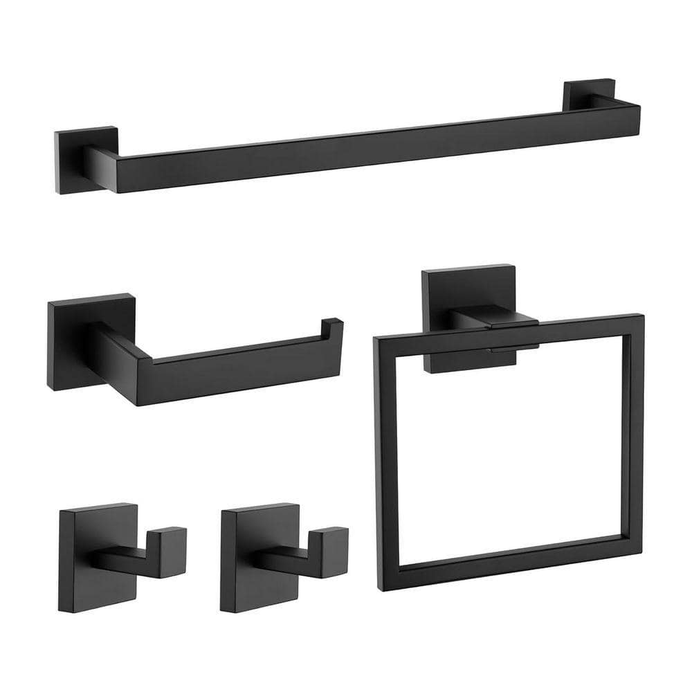 JFVKAF 5-Piece Wall Mounted Bathroom Hardware Set with 16 in. Towel Bar Towel Ring Hooks and Toilet Paper Holder in Matte Black (1)