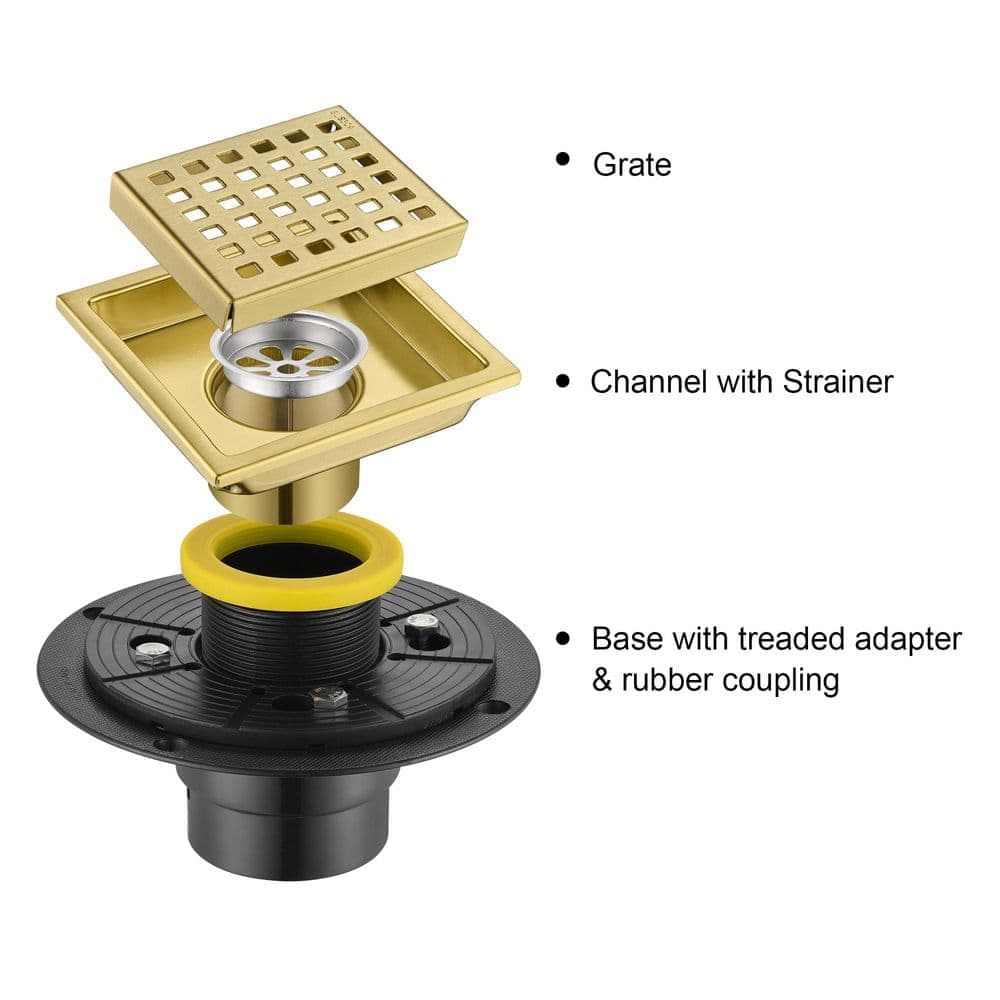 LUXIER 4 in. x 4 in. Stainless Steel Square Shower Floor Drain in Brushed Gold (3)
