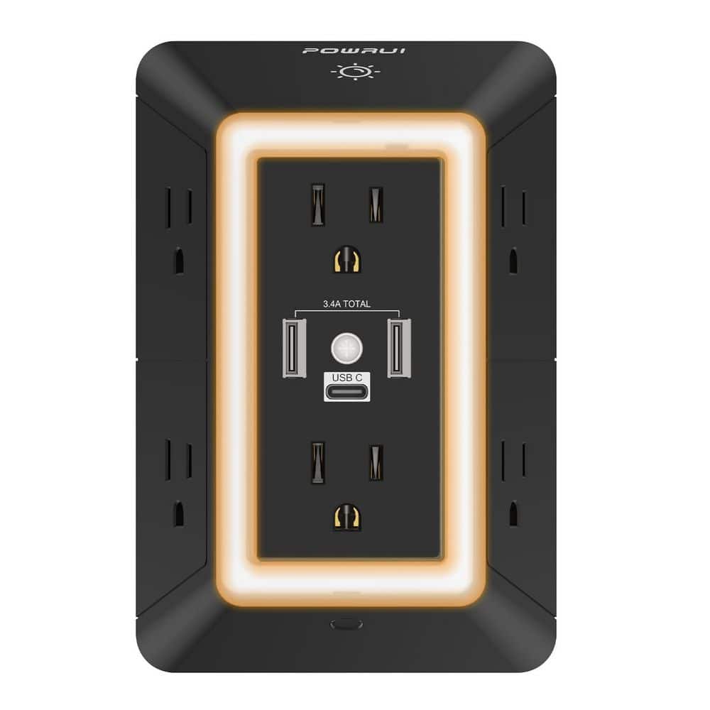 BIBIVIS Black 6-Outlet Extender Power Strip, 3-Sided Surge Protector Outlets with 3 USB Ports (1-USB C) and Night Light (1)