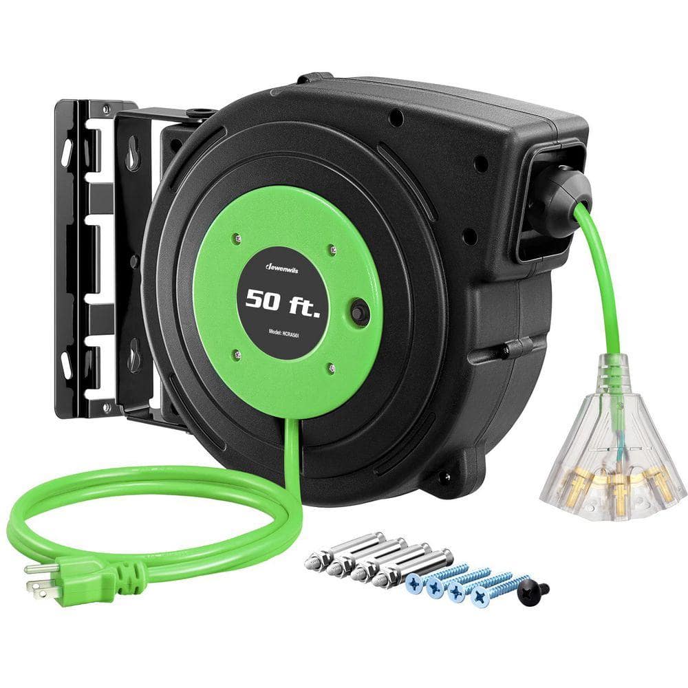 DEWENWILS 50 ft. 14/3 SJTOW 13 Amp Retractable Extension Cord Reel with Lighted Triple Tap Grounded Outlets, Green (1)