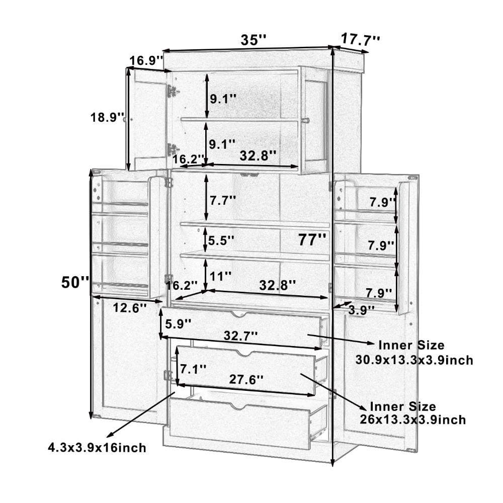 XUJMK 35 in. W x 18 in. D x 77 in. H White Linen Cabinet, Storage Cabinet, Kitchen Pantry with Adjustable Shelves, Wine Racks (2)
