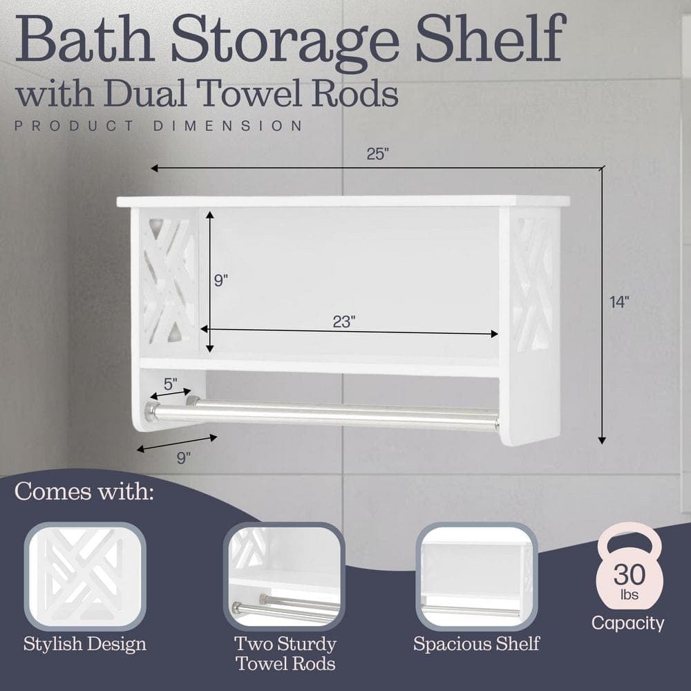 Alaterre Furniture Coventry 25 in. W x 14 in. H Wall-Mounted Bath Shelf with Two Towel Rods in White (2)