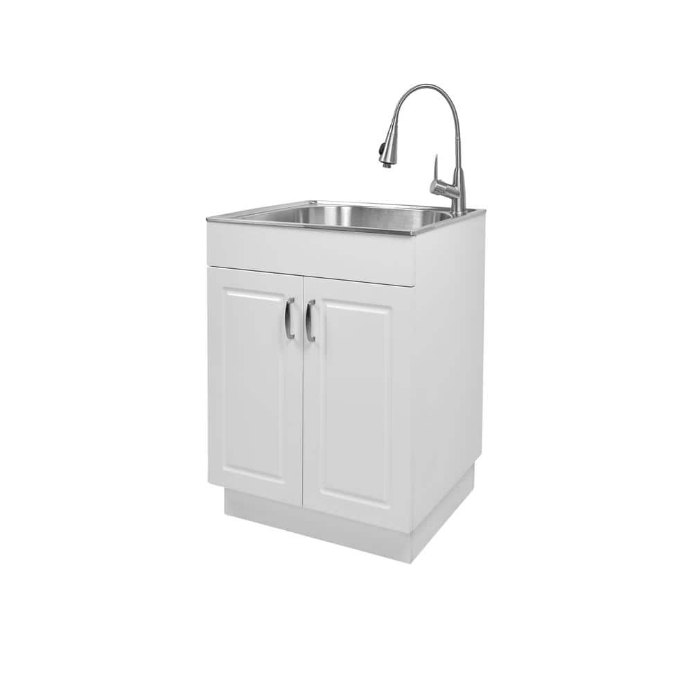 Glacier Bay 24 in. W x 21 in. D x 34 in. L Stainless Steel Laundry/Utility Sink with Faucet and Cabinet in White