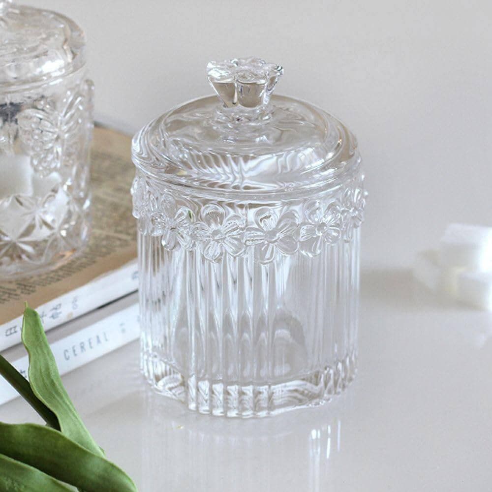 KHKFY 2-Pack Crystal Clear Glass Apothecary Storage Jars with Flower Carved Lids for Bathroom Vanity Clear (3)