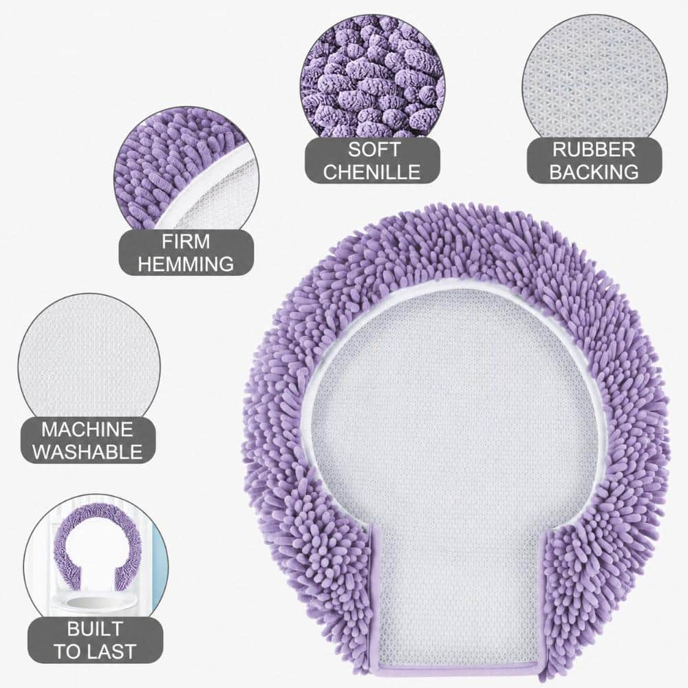 Unbranded Multi-Color Chenille Toilet Lid Cover 19.5 x 18.5 in. Machine Washable Latex Non-Slip Round Elongated (3)