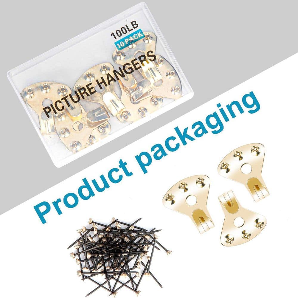 Adrinfly Heavy Duty Picture Hangers with Nails Support 100 lbs. Minimal Wall Damage Easy Use Home Decoration 10-Pieces Gold (2)