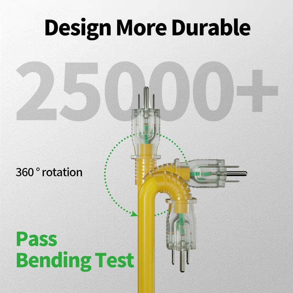Unbranded 150 ft. 1875W 12-Gauge / 1 Conductor SJTW Outdoor Indoor Extension Cord Waterproof Flexible Tri-tap Lighted End Yellow (3)