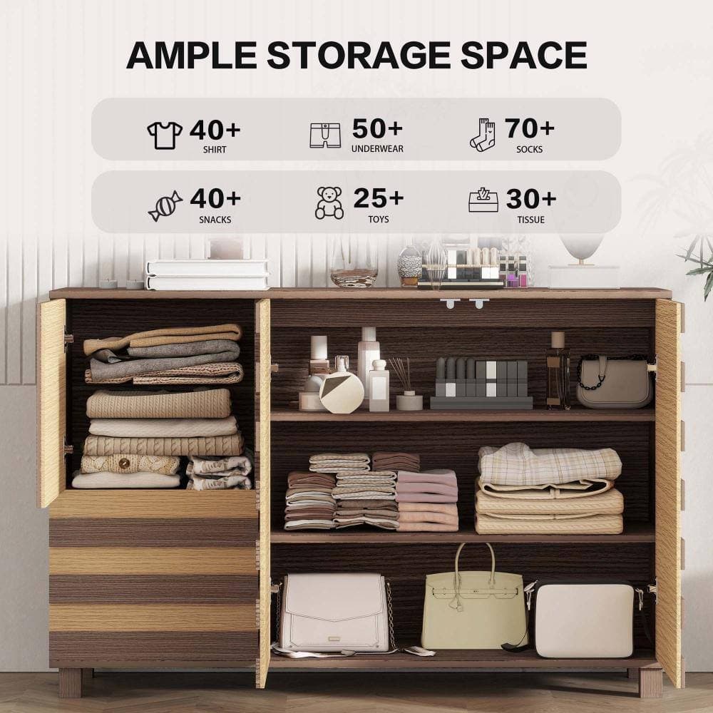 XUJMK 55 in W x 16 in D x 35 in H Linen Cabinet, Sideboard Cabinet with 2 Drawers, 3 Doors, Adjustable Shelves, Brown+Yellow (3)