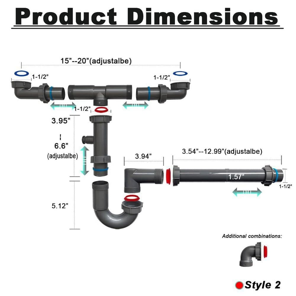Wudkey 1-Piece 1-1/2 in. Double Sink Drain Pipe Kit in Black with P-Trap, Wall-Outlet, Included Mounting Hardware (2)