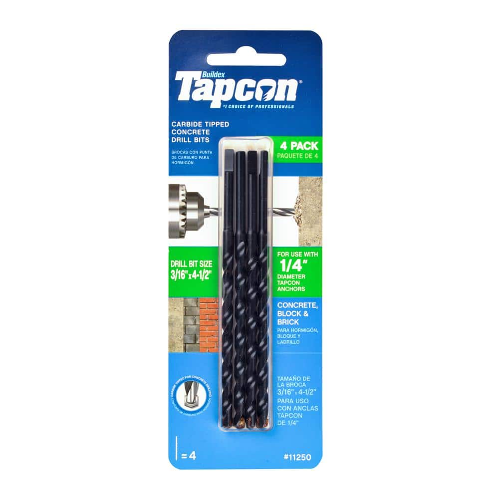 Tapcon 3/16 in. x 4-1/2 in. Steel Carbide Tip Smooth Shank Masonry Drill Bit Set (4-Pack)