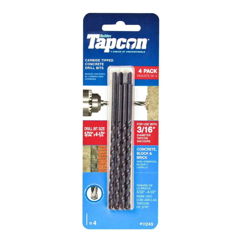 Tapcon 5/32 in. x 4-1/2 in. Steel Carbide Tip Smooth Shank Masonry Drill Bit Set (4-Pack)