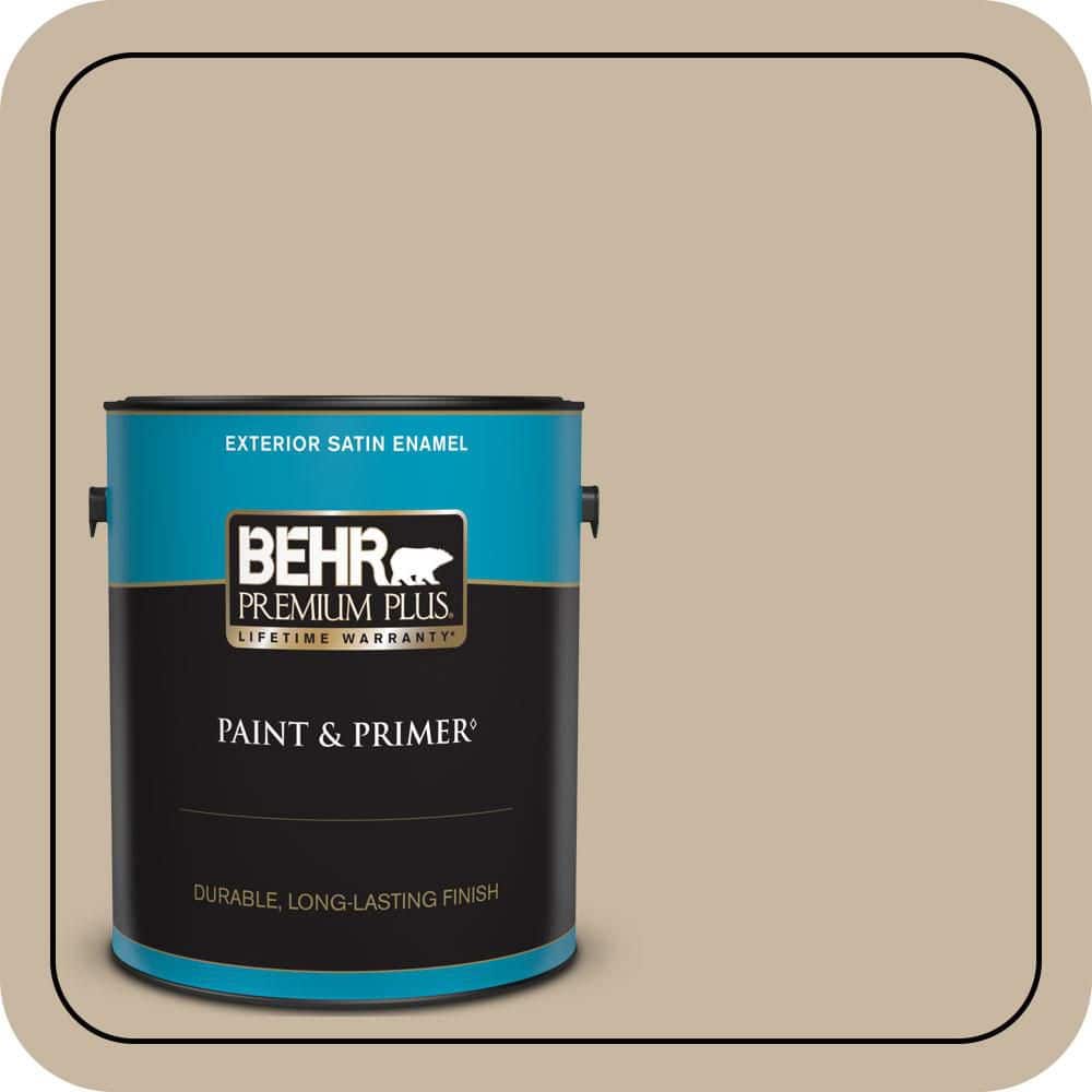 BEHR PREMIUM PLUS 1 gal. #QE-28 Ranch Tan Satin Enamel Exterior Paint & Primer